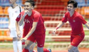 Selebasi pemain timnas futsal u-20 Indonesia usai mencetak gol pada gelaran AFC U-20 Futsal Championship di Iran.